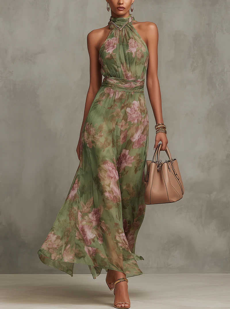 Groene Bloemen Chiffon Halter Maxi Jurk