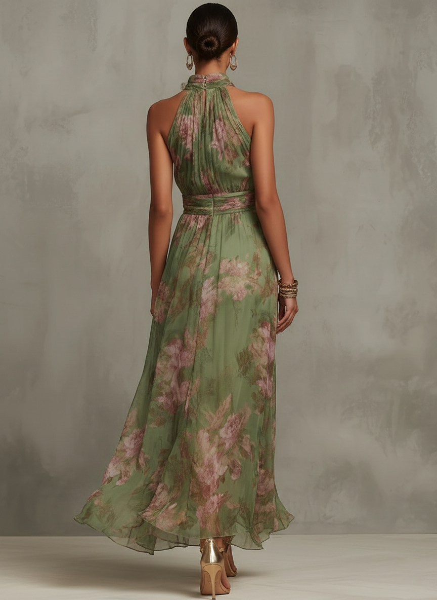 Groene Bloemen Chiffon Halter Maxi Jurk