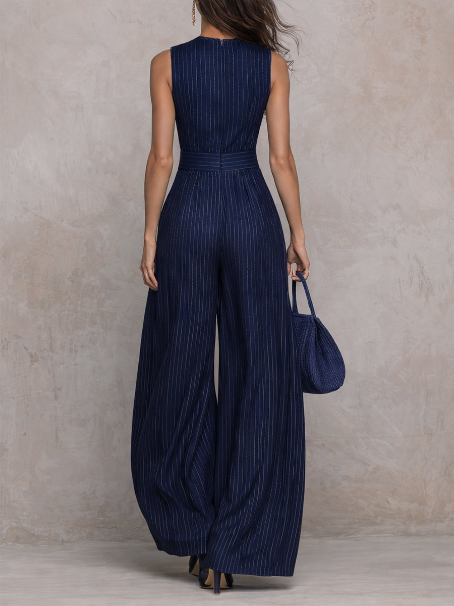 Roxane™ | Gestreepte Sleutelgat Halslijn Wijde Pijpen Jumpsuit