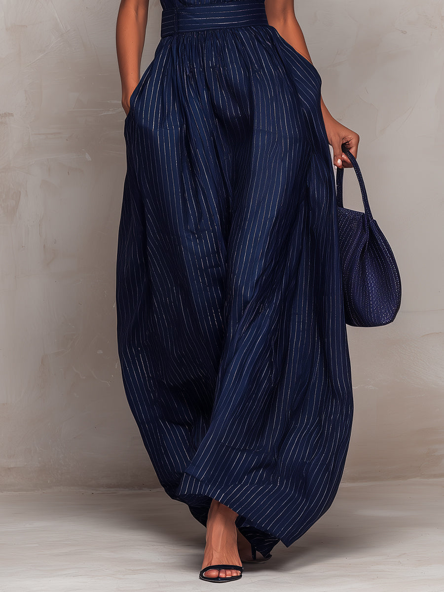 Roxane™ | Gestreepte Sleutelgat Halslijn Wijde Pijpen Jumpsuit