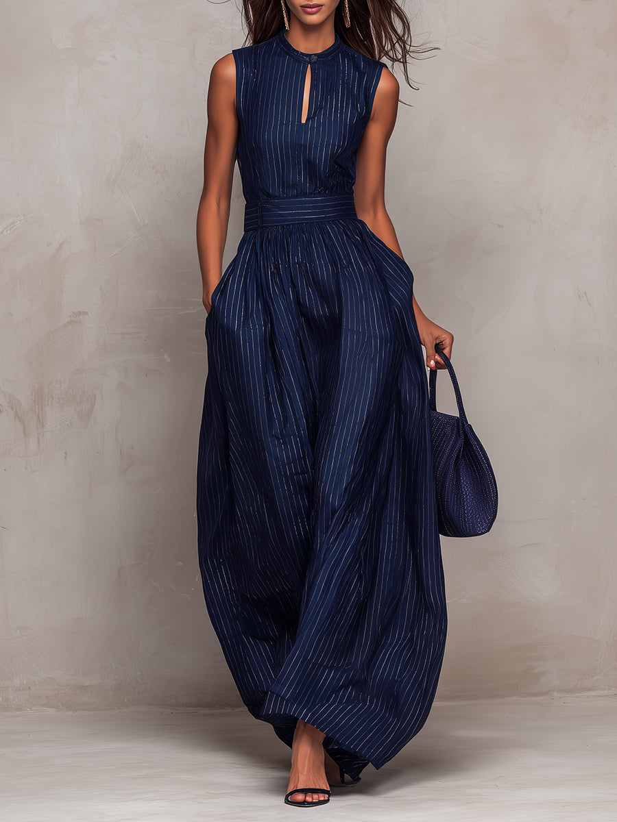 Roxane™ | Gestreepte Sleutelgat Halslijn Wijde Pijpen Jumpsuit