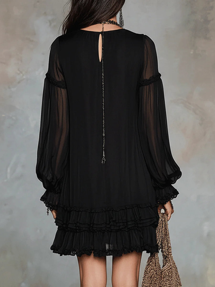 Gwen™ | V-hals Lantaarnmouw Rimpel Chiffon Mini Jurk