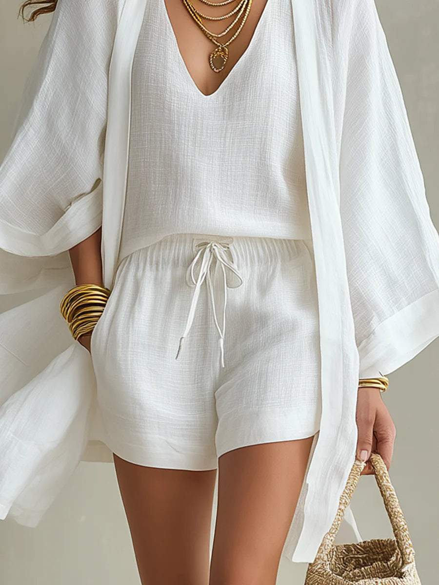 Witte Losse Cardigan En Trekkoord Shorts Drie-delige Set