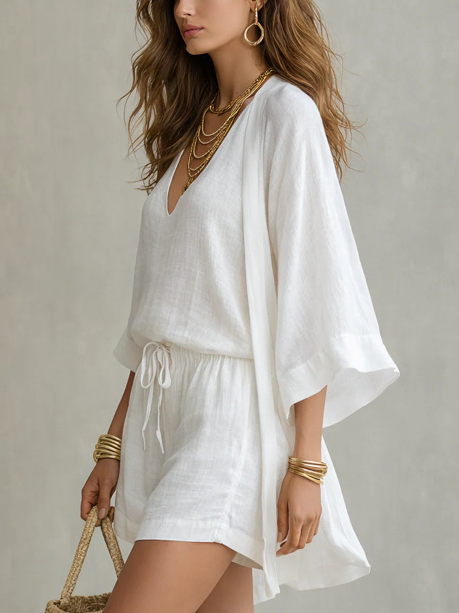 Witte Losse Cardigan En Trekkoord Shorts Drie-delige Set