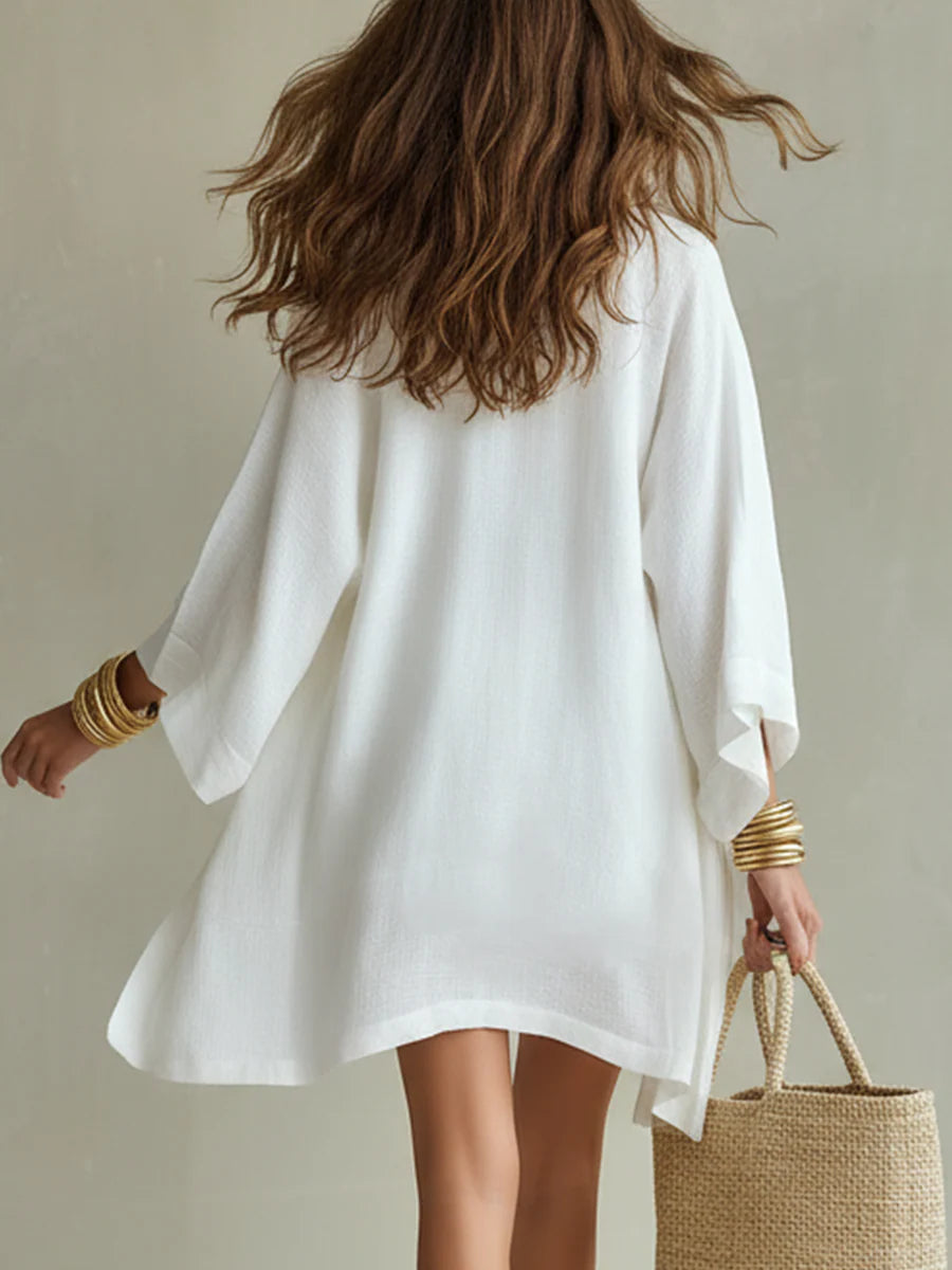 Witte Losse Cardigan En Trekkoord Shorts Drie-delige Set