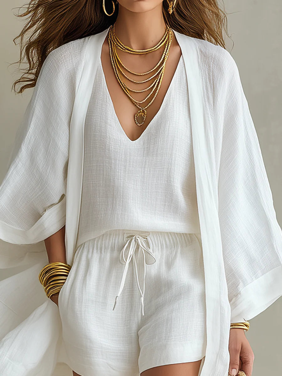 Witte Losse Cardigan En Trekkoord Shorts Drie-delige Set