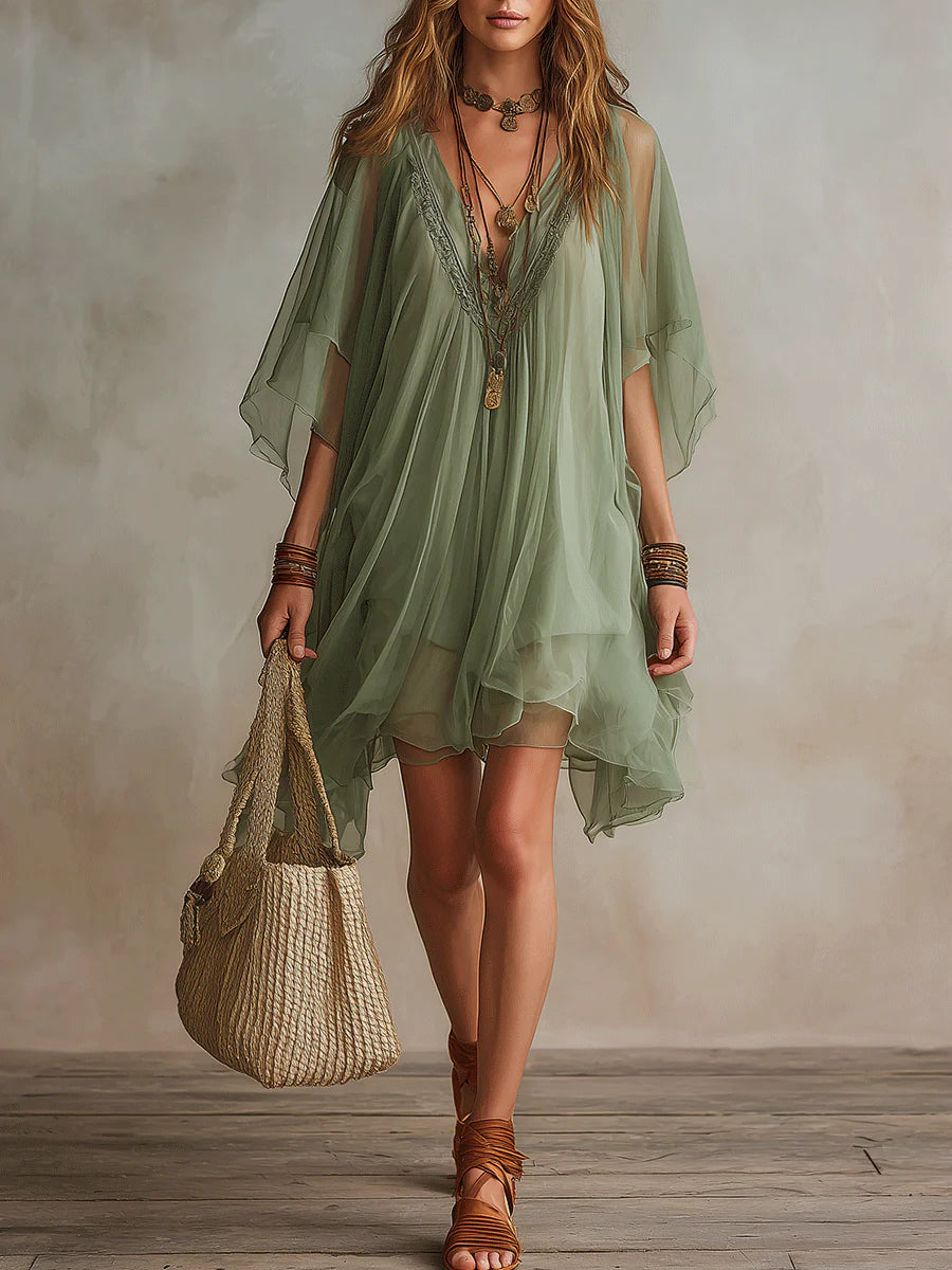 Groene Chiffon V-hals Gelaagde Vloeiende Mini Jurk