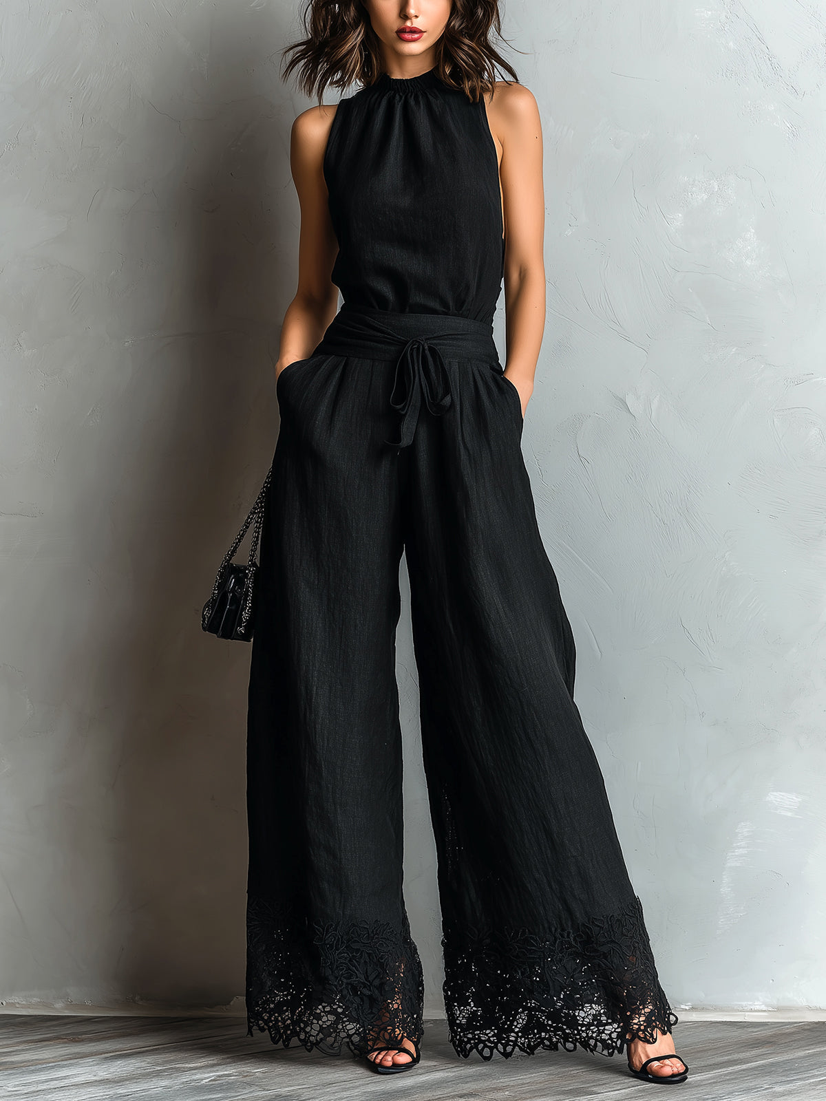Zwarte Nep Katoen-linnen Halter Nek Top Met Strik Lace-trimmed Wijde Pantalon Set