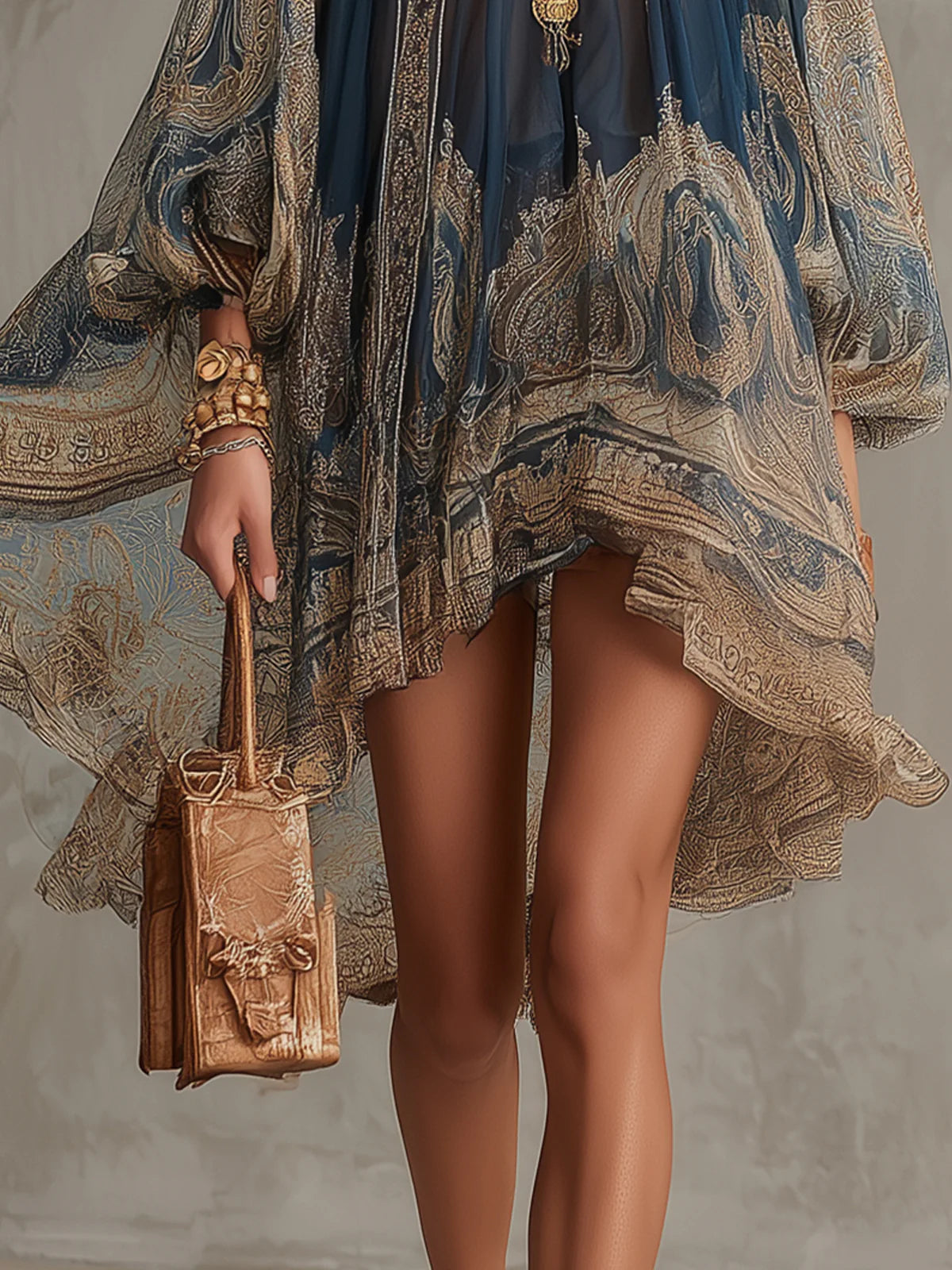 Piper™ | Barok Print Hoge Hals Onregelmatige Chiffon Mini Jurk