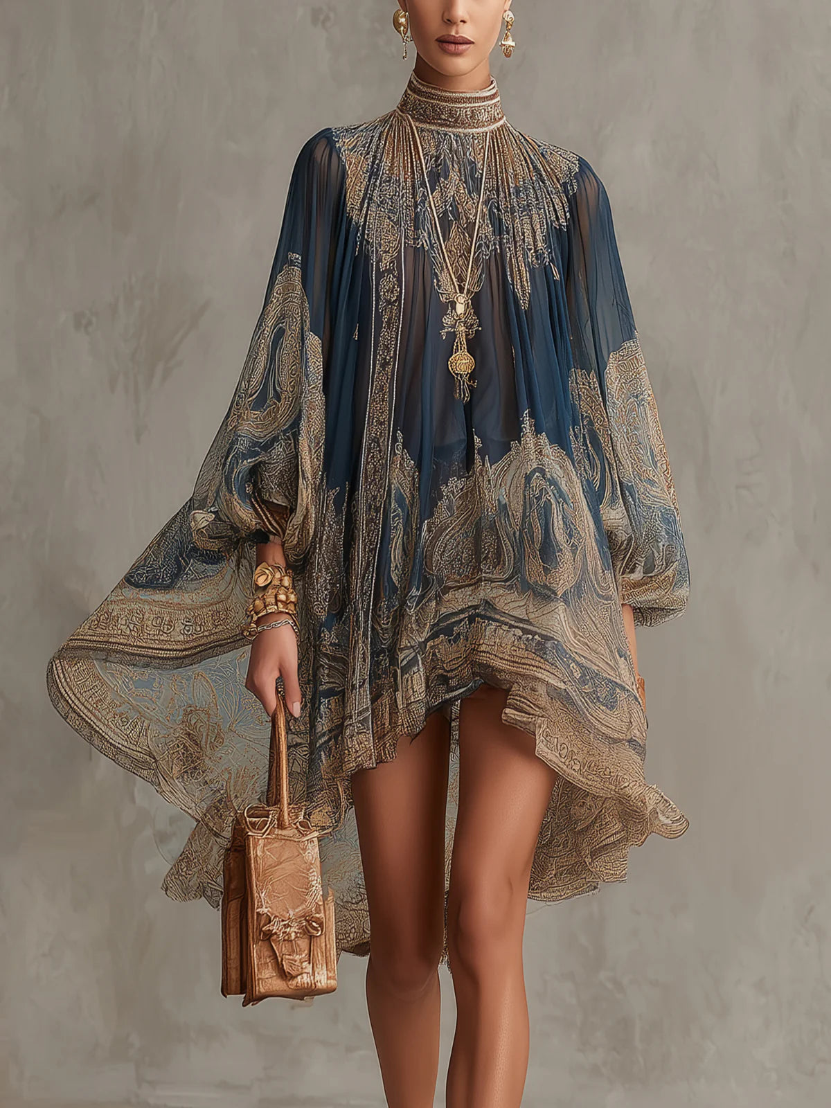 Piper™ | Barok Print Hoge Hals Onregelmatige Chiffon Mini Jurk