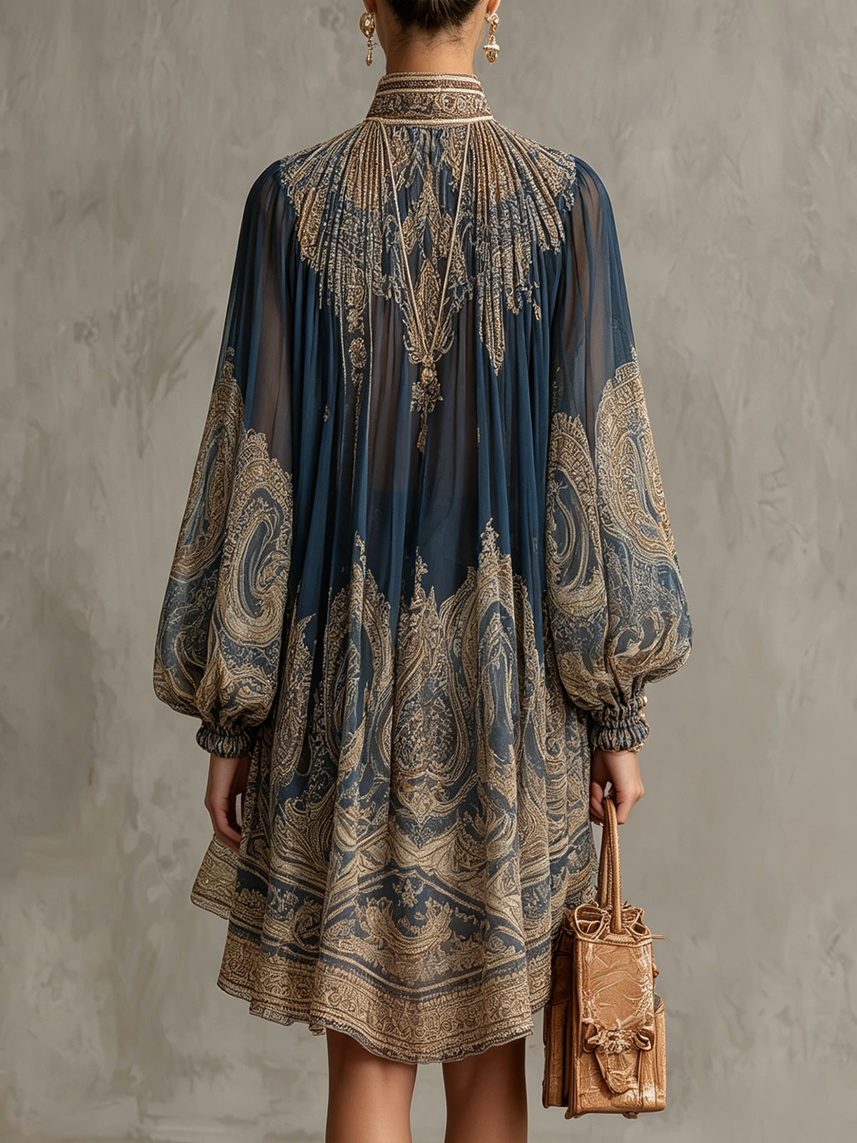 Piper™ | Barok Print Hoge Hals Onregelmatige Chiffon Mini Jurk