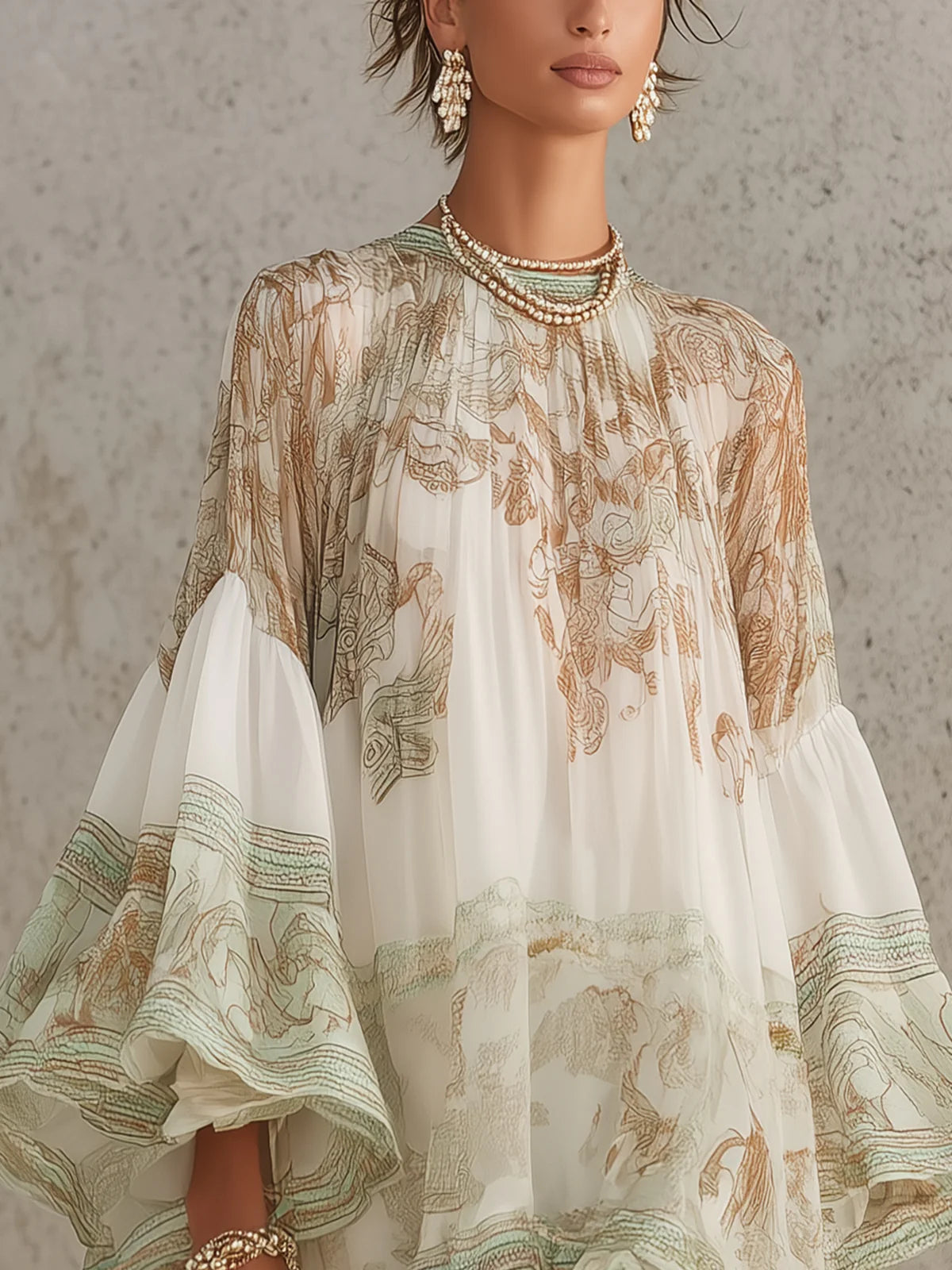 Maren™ | Geprinte Ruffle Hem Flounce Sleeve Chiffon Mini Jurk
