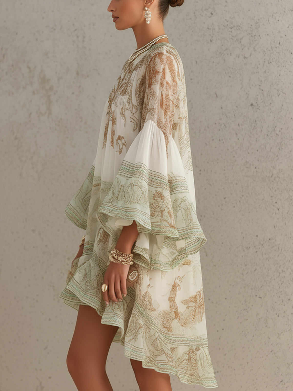 Maren™ | Geprinte Ruffle Hem Flounce Sleeve Chiffon Mini Jurk