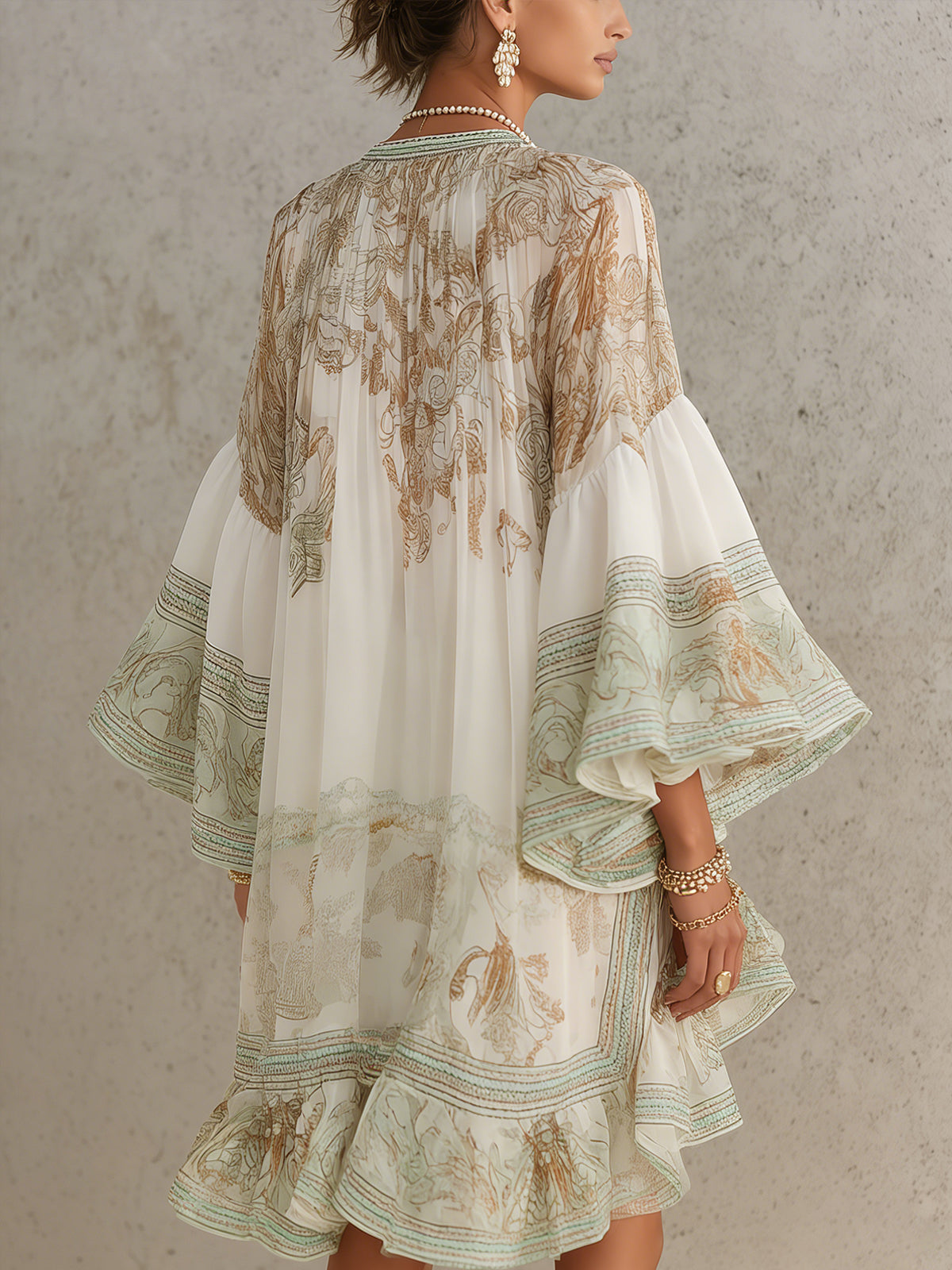 Maren™ | Geprinte Ruffle Hem Flounce Sleeve Chiffon Mini Jurk