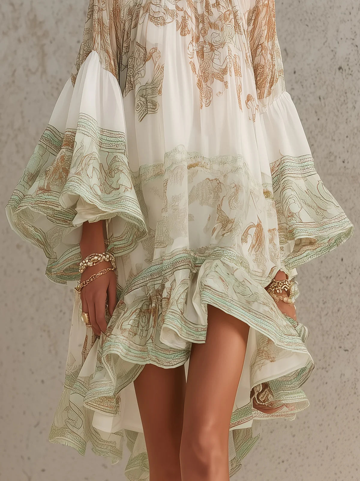 Maren™ | Geprinte Ruffle Hem Flounce Sleeve Chiffon Mini Jurk