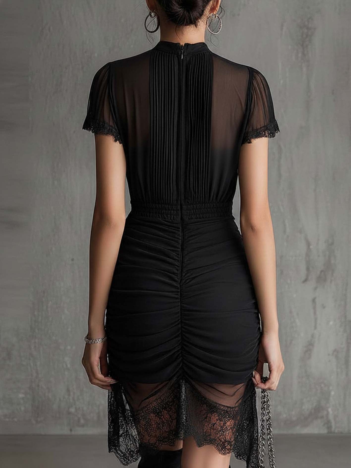 Yasmin™ | Chiffon Geplooide Taille Kanten Mini-jurk