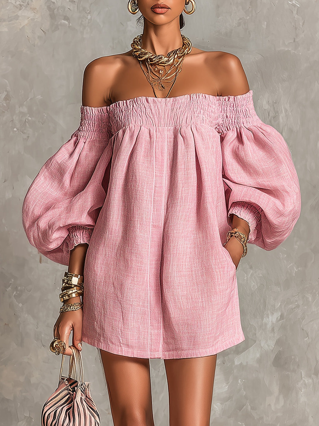 Wren™ | Off-Shoulder Lantaarnmouw A-Lijn Los Mini Jurk