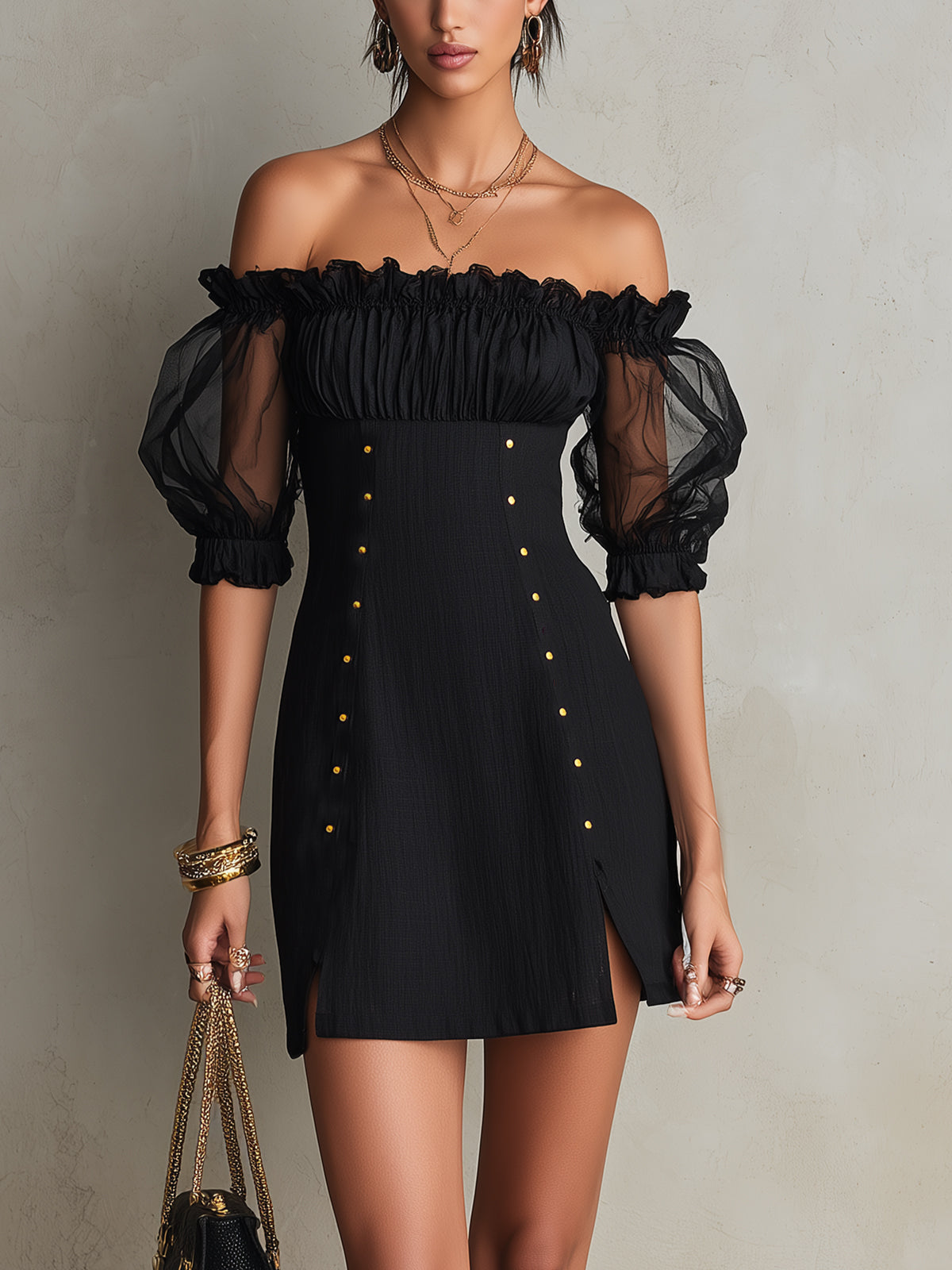 Hazel™ | Off-Shoulder Puff Sleeve Studded Mini Dress