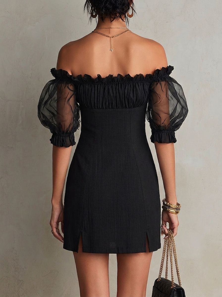 Hazel™ | Off-Shoulder Puff Sleeve Studded Mini Dress