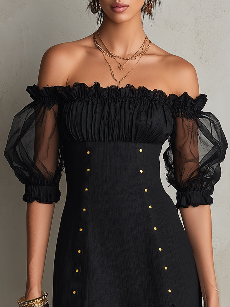 Hazel™ | Off-Shoulder Puff Sleeve Studded Mini Dress