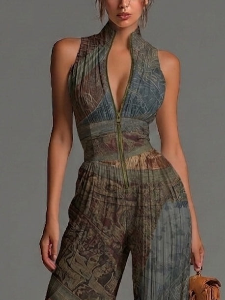 Eugénie™ | Bohemian Etnische Print Mouwloze Rits Plissé Wijde Chiffon Jumpsuit