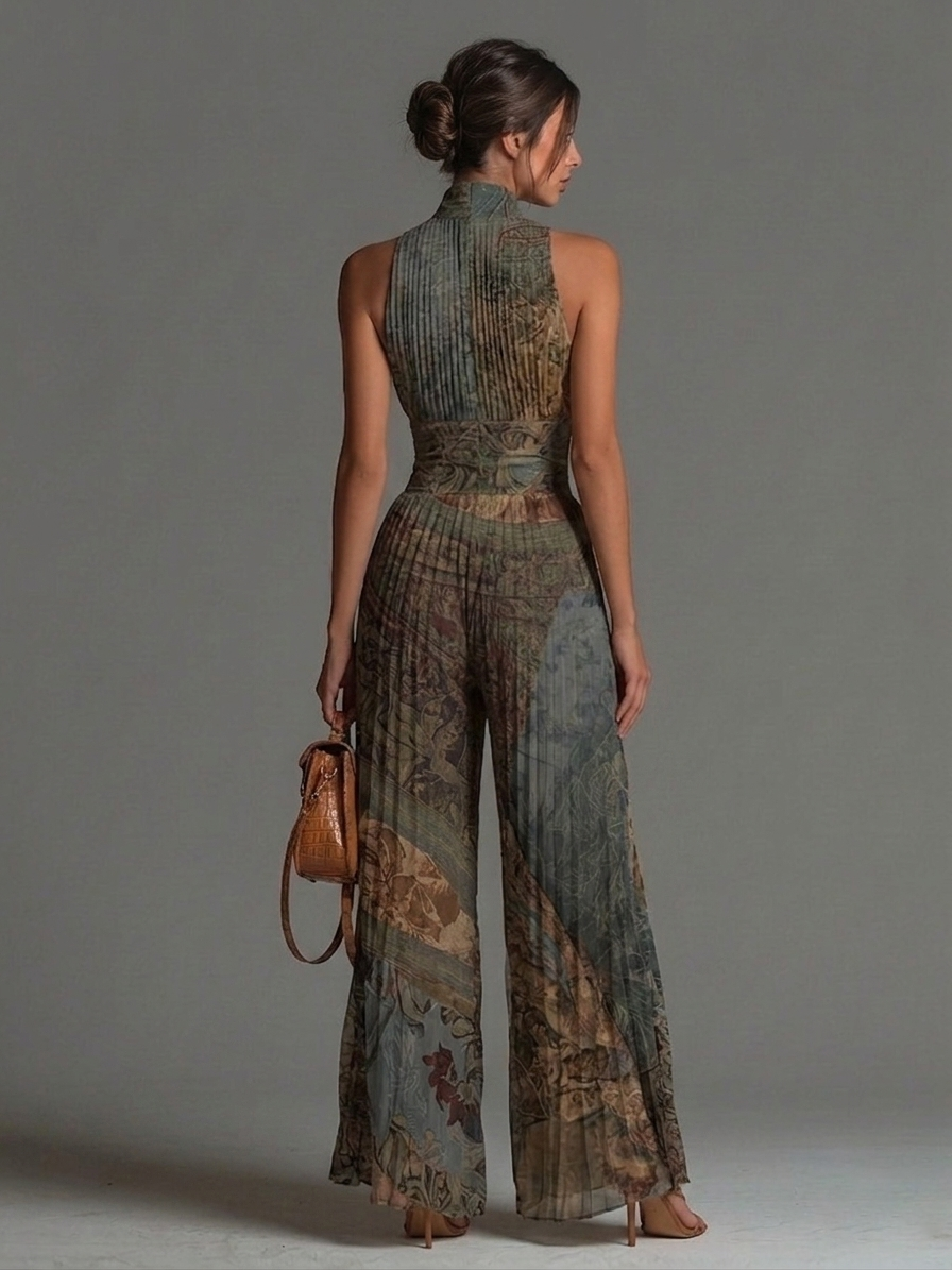 Eugénie™ | Bohemian Etnische Print Mouwloze Rits Plissé Wijde Chiffon Jumpsuit