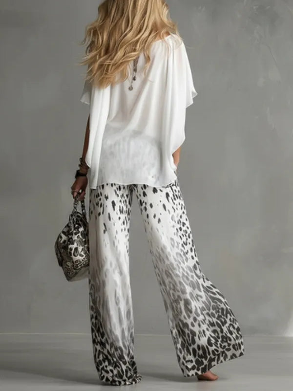 Flowy Witte T-shirt En Luipaardprint Chiffon Broek Set