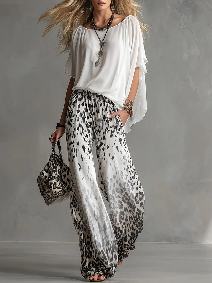 Flowy Witte T-shirt En Luipaardprint Chiffon Broek Set