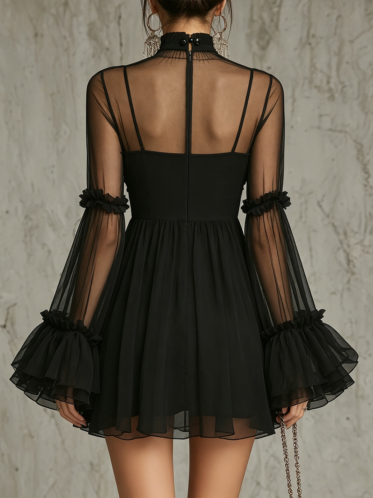 Thora™ | Doorzichtige Bloemapplicatie Hoge Hals Geplooide Chiffon Mini Jurk