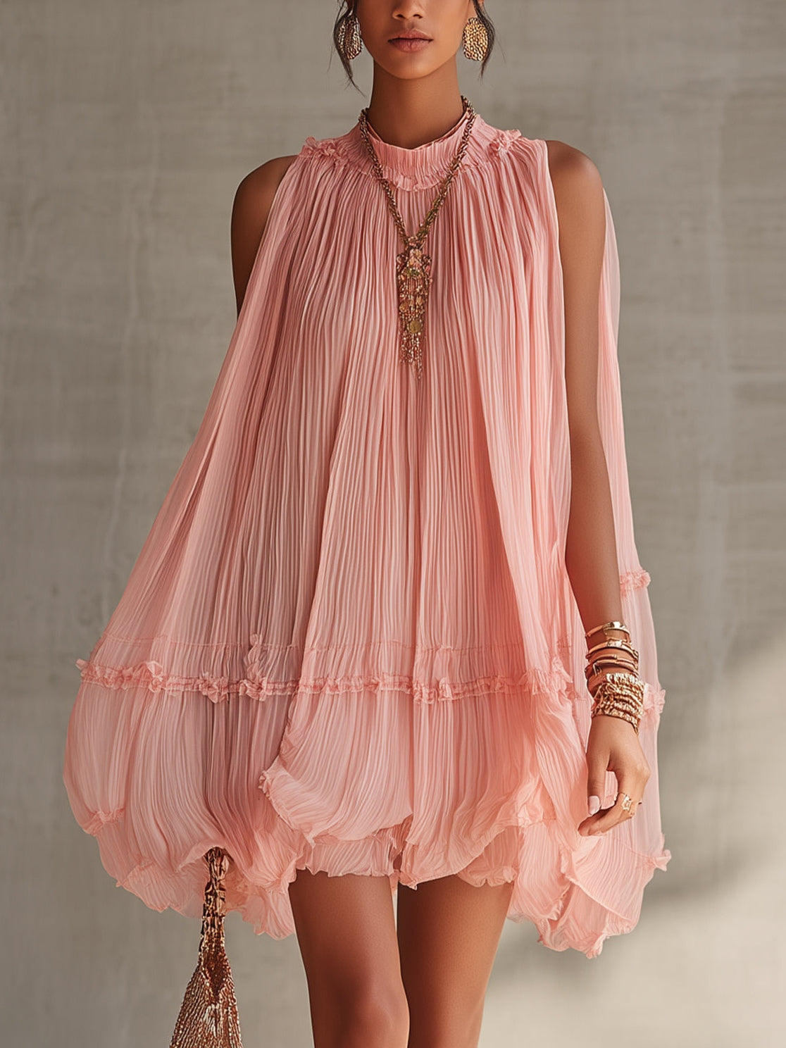 Priscilla™ | Halter Nek Rimpel Chiffon Bubble Mini Jurk