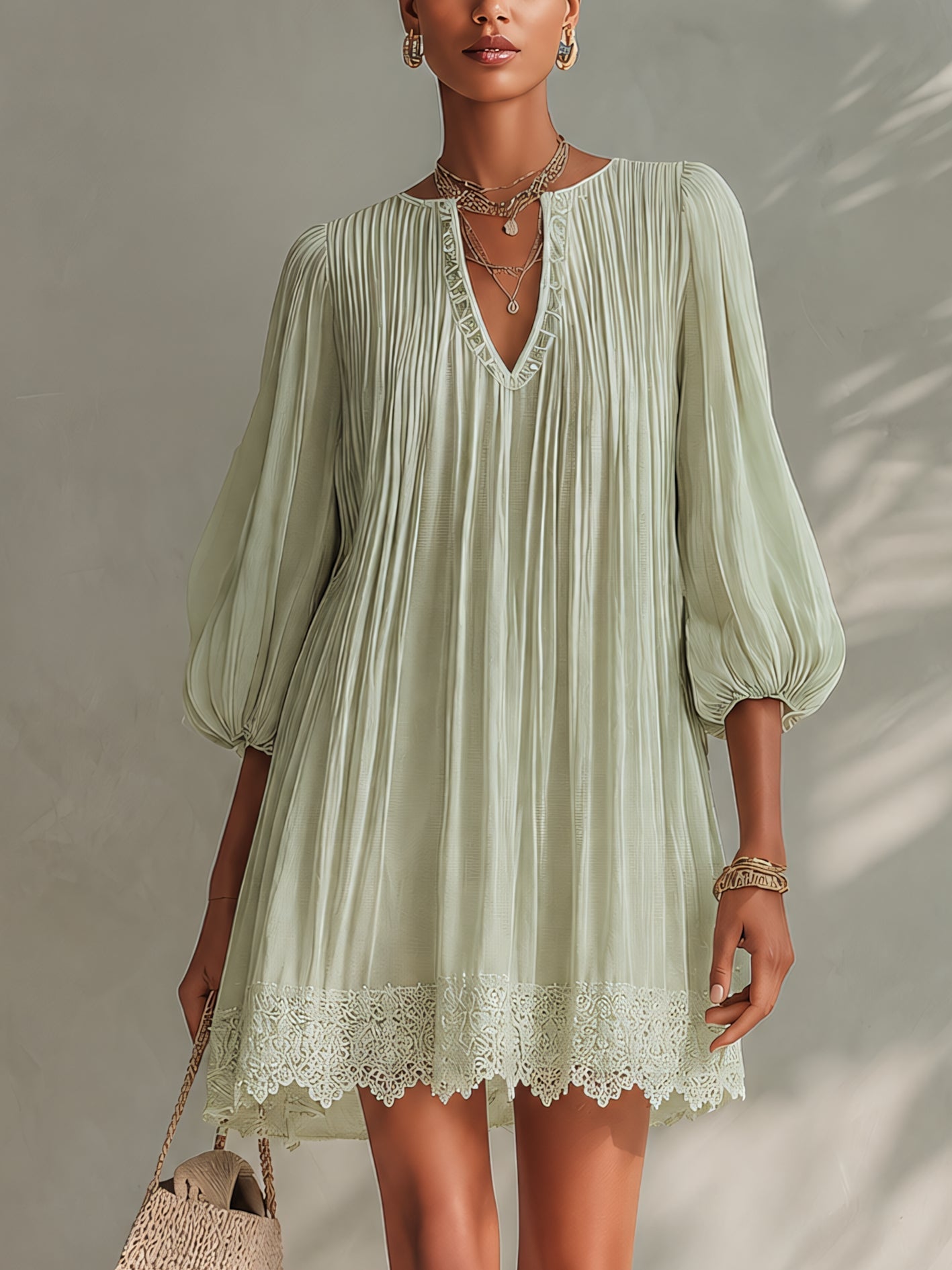 Ambre™ | Geplooide Chiffon Lantern Mouw Kant Mini Jurk