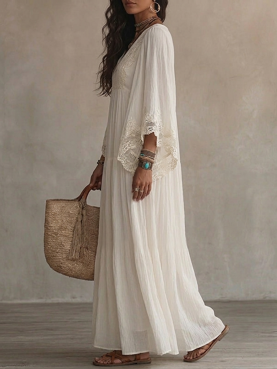 Witte Kanten V-hals Batwing Mouw Chiffon Maxi Jurk
