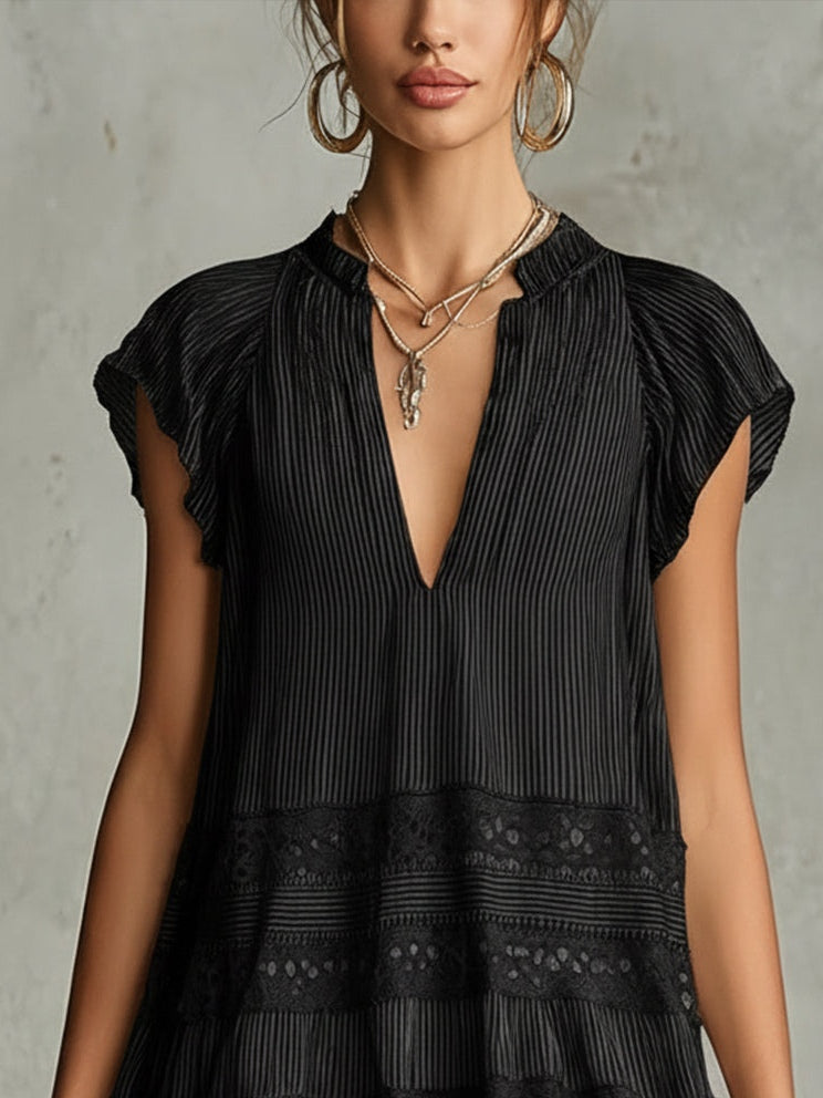 Opal™ | Gestreepte Chiffon Mini-jurk met Rimpel en Kant