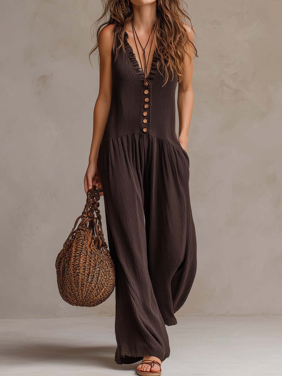 Valérie™ | Retro Rimpel V-hals Wijde Pijpen Jumpsuit