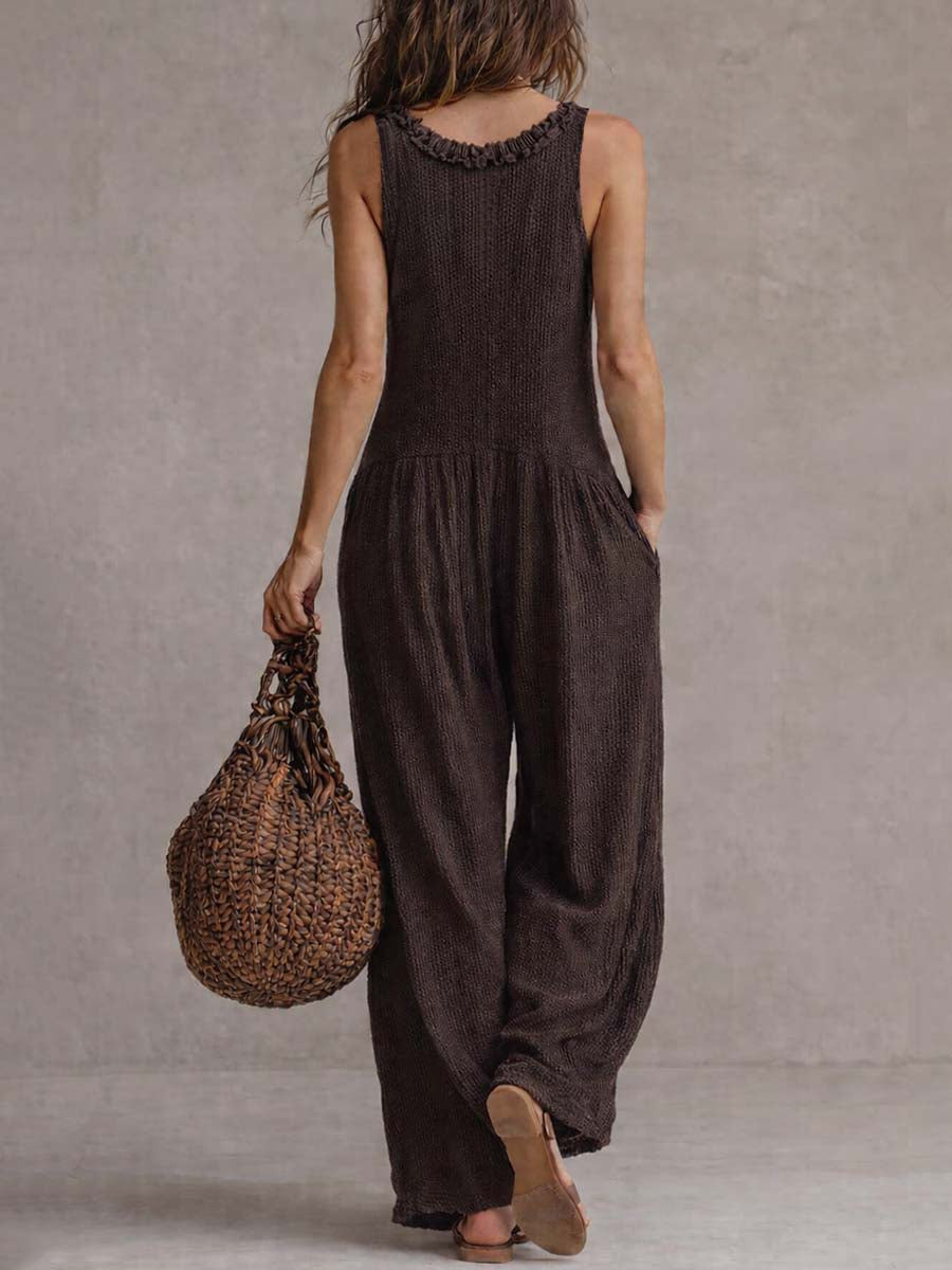 Valérie™ | Retro Rimpel V-hals Wijde Pijpen Jumpsuit