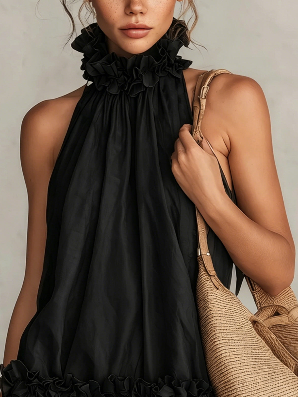 Oriane™ | Chiffon Halter Neck Ruffled Mouwloze Mini Jurk