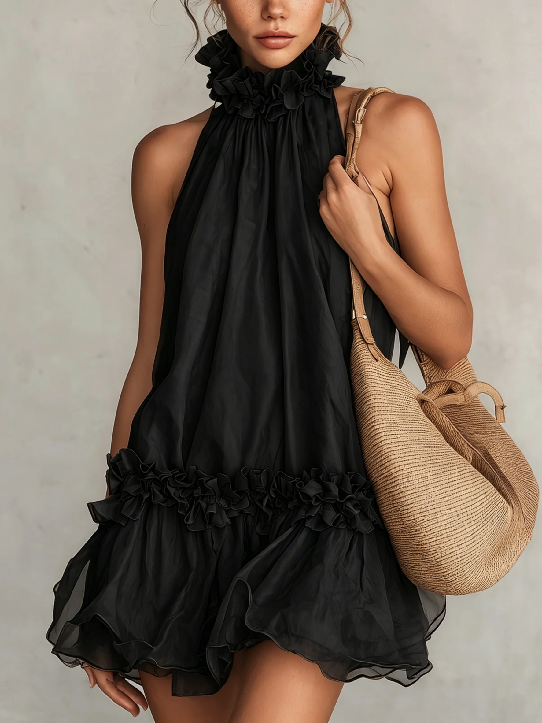 Oriane™ | Chiffon Halter Neck Ruffled Mouwloze Mini Jurk
