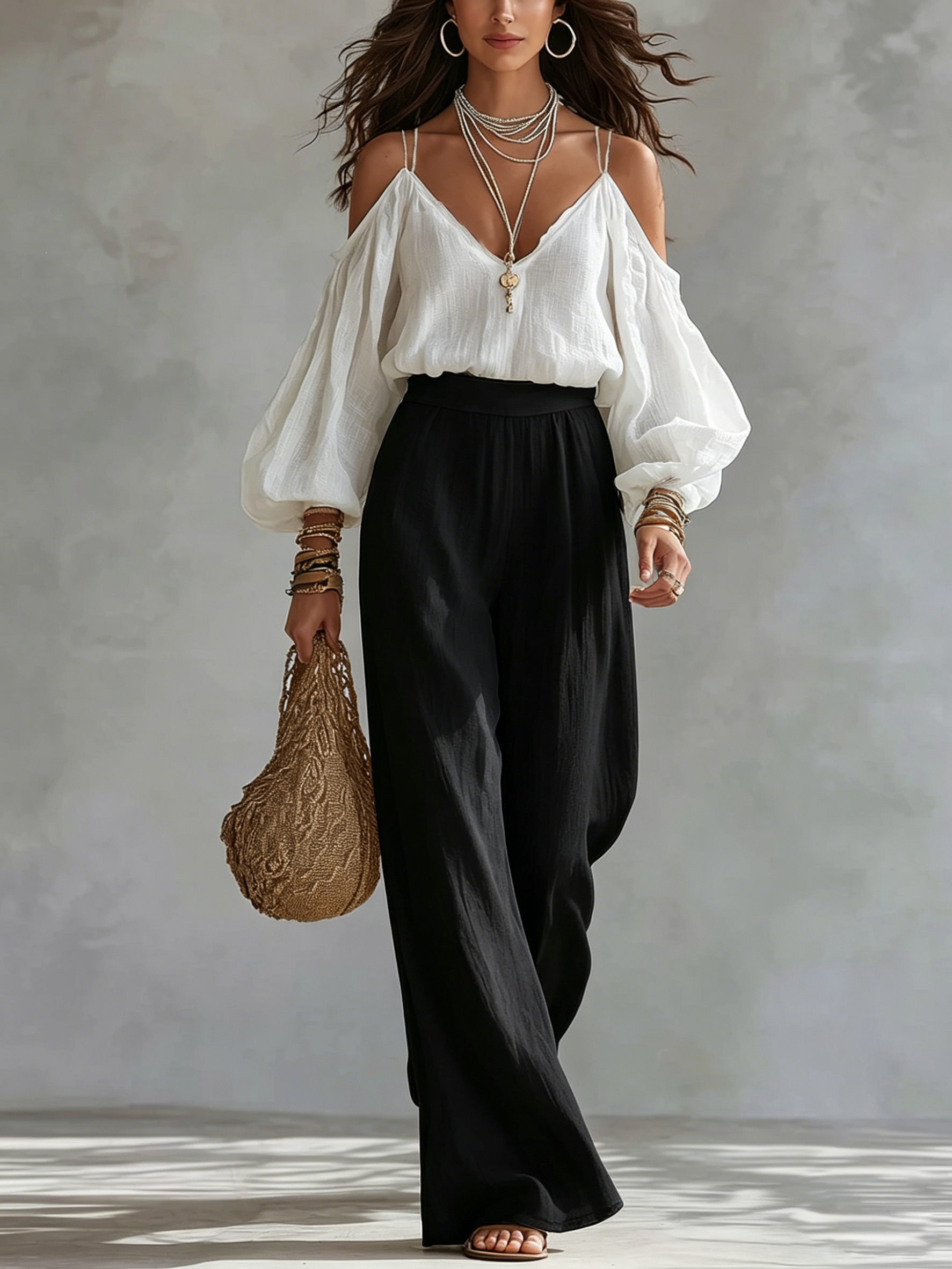 Witte Off-the-shoulder Tanktop en Zwarte Wijde Broek Suit