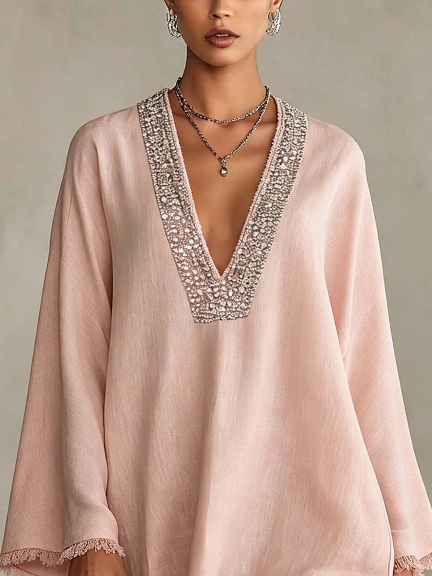 Rosamund™ | V-hals Mini Jurk met Strass Trim en Franje Rand