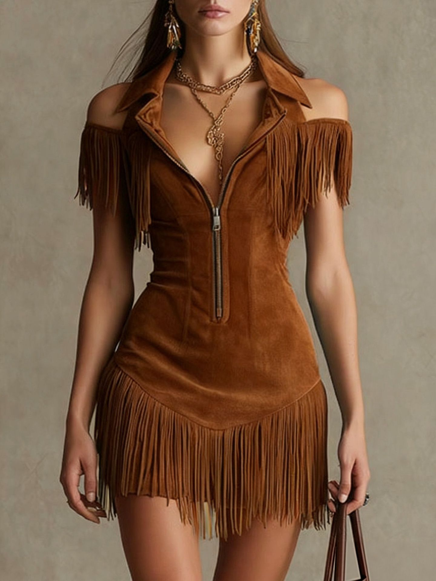 Seraphina™ | Western-Stijl Lapel Rits Kwastje Slim-Fit Mini Jurk