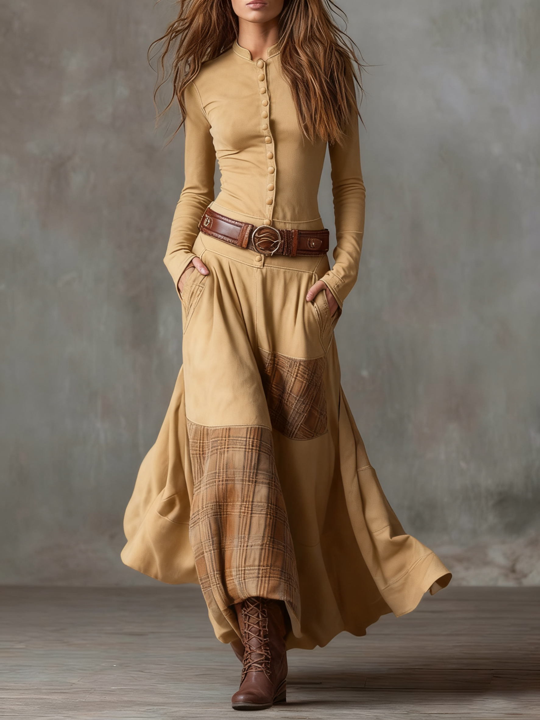 Alisa | Vintage maxi-jurk met geruite panelen en riem