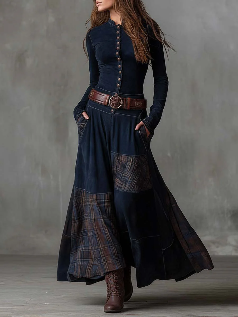 Alisa | Vintage maxi-jurk met geruite panelen en riem
