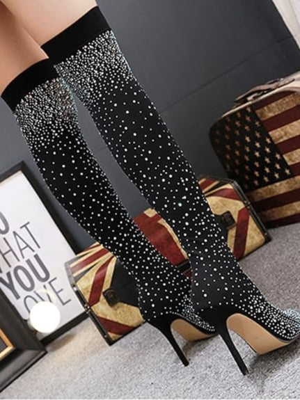 Sprankelende Rhinestone-beslagen Over-de-knie Elastische Soklaarzen