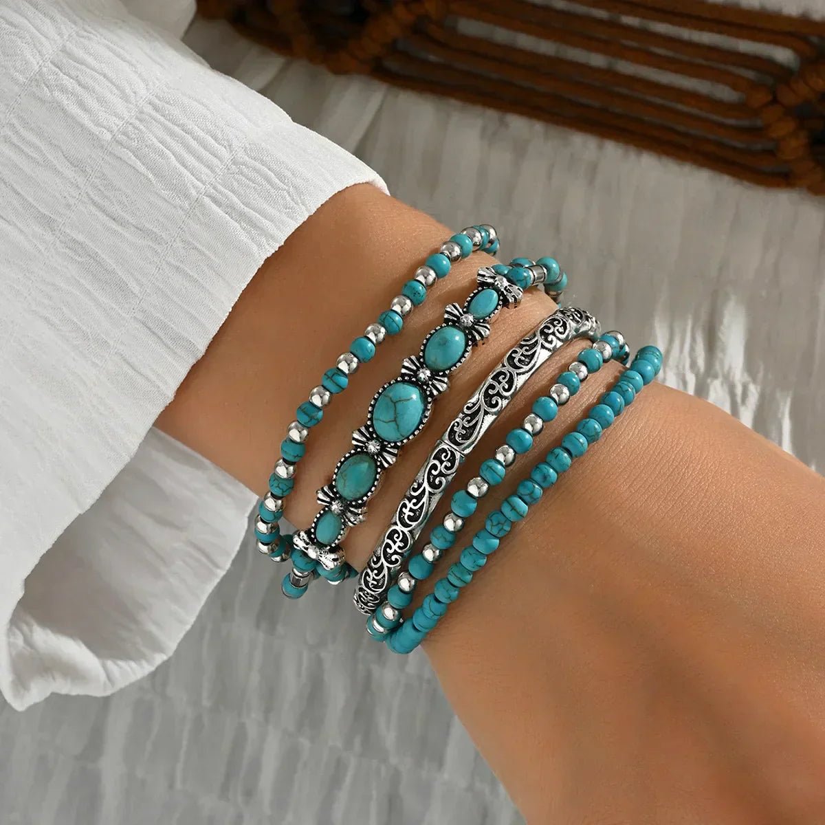 Aleida | Boho-armbandenset met turquoise kralen - Bellanza