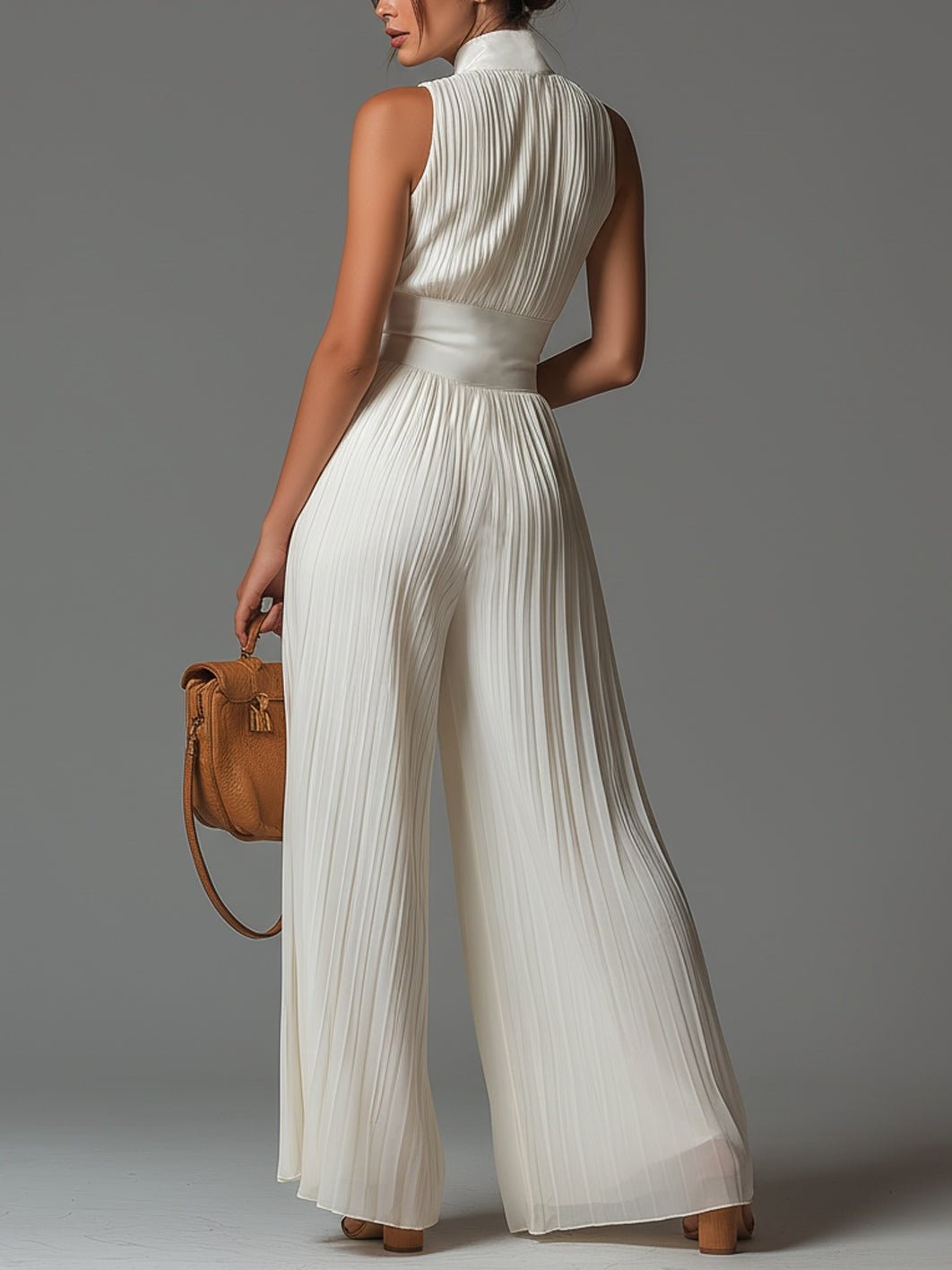 Amandine™ | V-hals Mouwloos Rits Plissé Wijde Pijpen Chiffon Jumpsuit - Bellanza