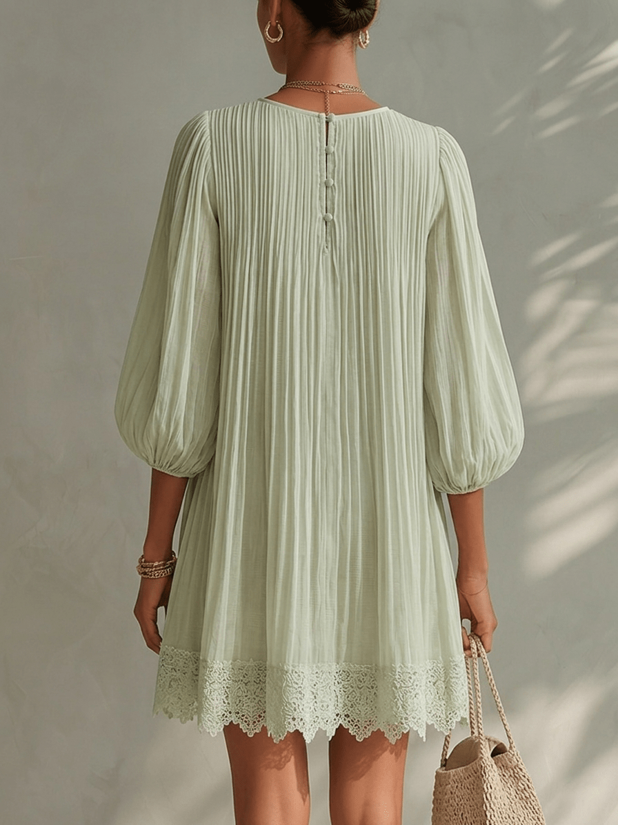 Ambre™ | Geplooide Chiffon Lantern Mouw Kant Mini Jurk - Bellanza