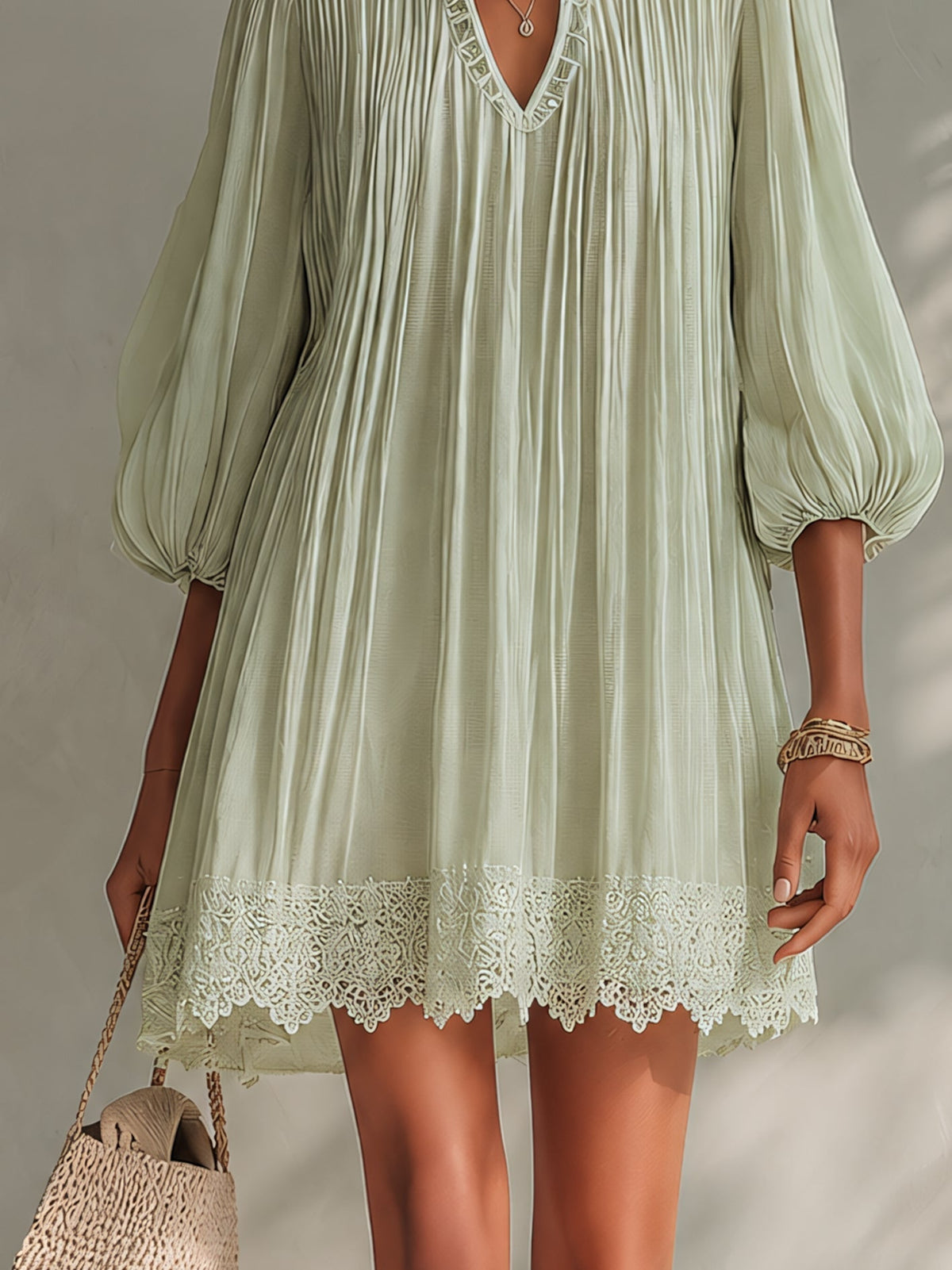 Ambre™ | Geplooide Chiffon Lantern Mouw Kant Mini Jurk - Bellanza