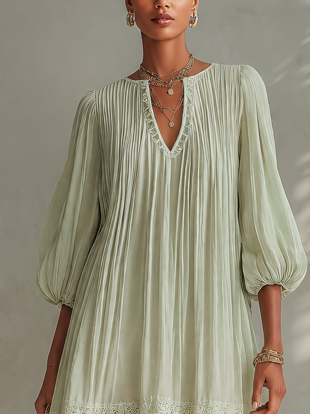 Ambre™ | Geplooide Chiffon Lantern Mouw Kant Mini Jurk - Bellanza