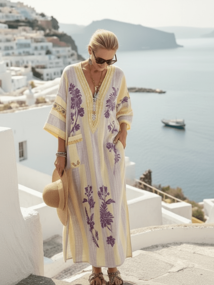 Aurelia | V-hals Halve Mouw Gestreepte Bloemen Maxi Jurk - Bellanza
