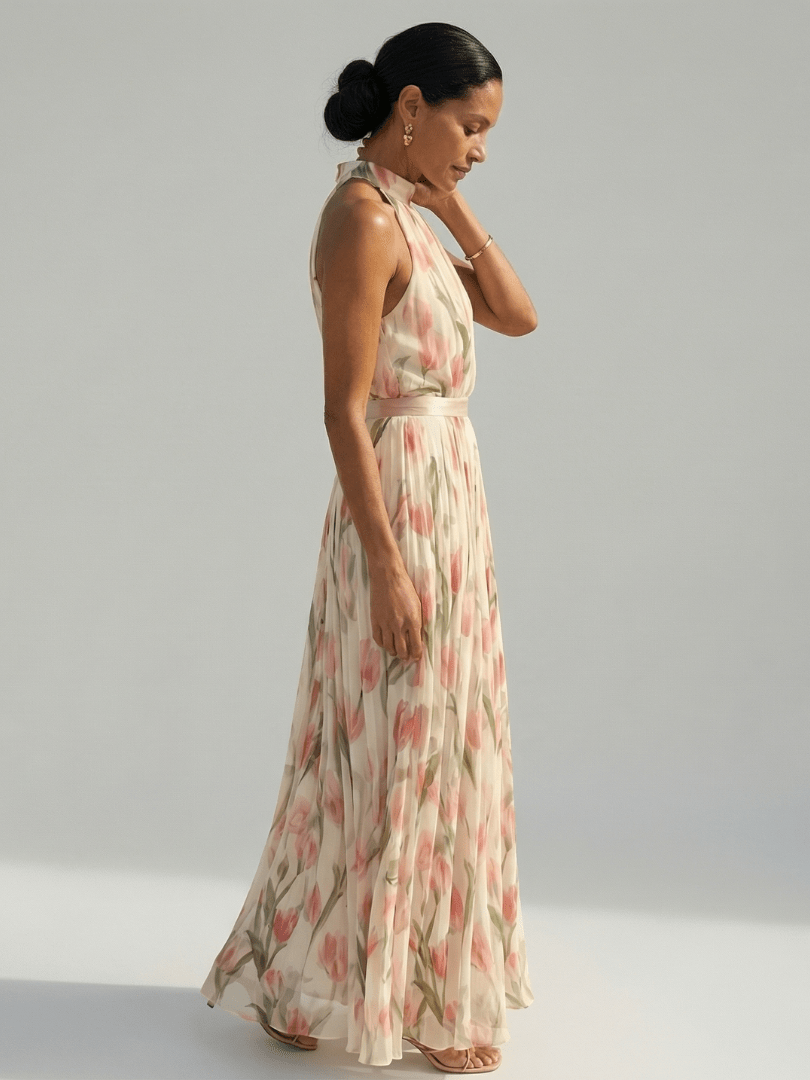 Aurelle | Midi - jurk met Halternek en Bloemen - Bellanza